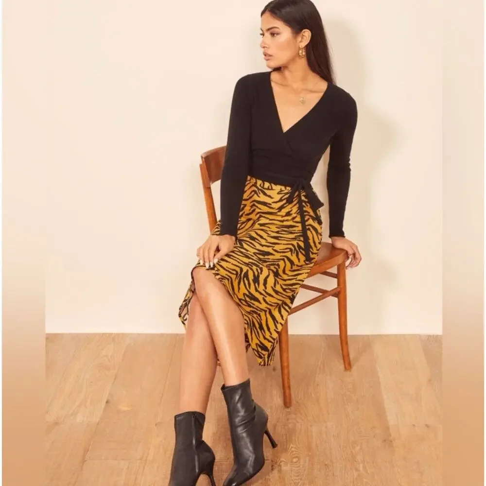 Reformation Midi Skirt Orange Black Tiger Print High Rise Y2K XS 0